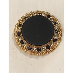 Rare Vintage Goldtone Black And Clear Stones Mourning / Goth  Brooch Pin